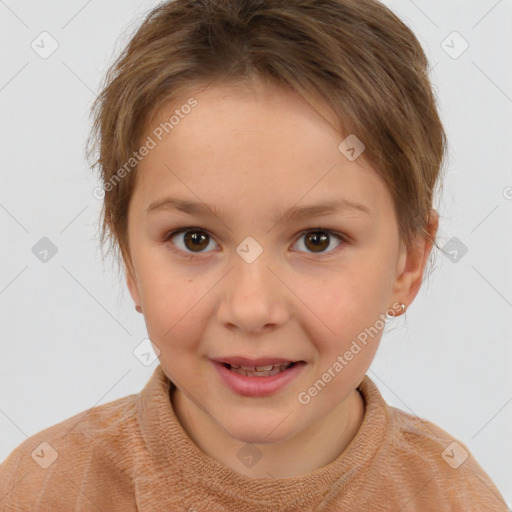 Joyful white child female with short  brown hair and brown eyes