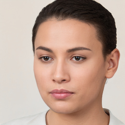 Neutral white young-adult female with short  brown hair and brown eyes