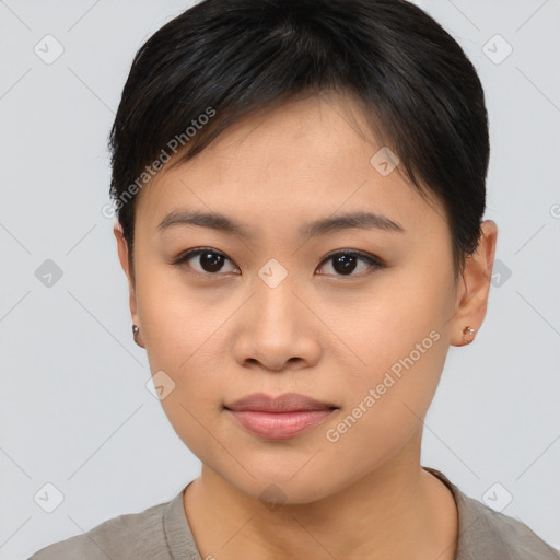 Neutral asian young-adult female with short  brown hair and brown eyes