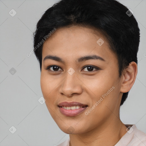 Joyful latino young-adult female with short  black hair and brown eyes