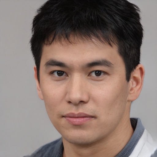 Neutral asian young-adult male with short  brown hair and brown eyes