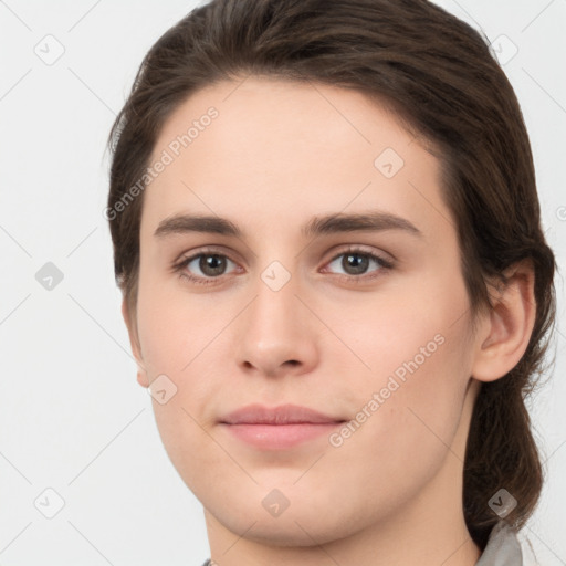 Neutral white young-adult female with medium  brown hair and brown eyes