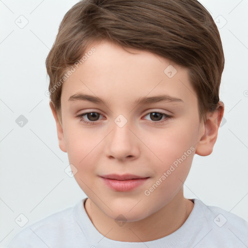 Joyful white child female with short  brown hair and brown eyes