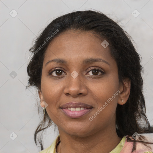 Joyful black young-adult female with medium  brown hair and brown eyes