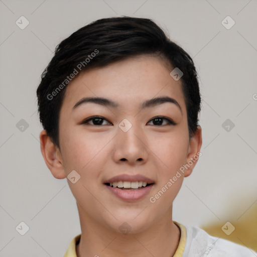 Joyful asian young-adult female with short  black hair and brown eyes