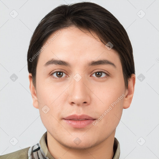 Neutral white young-adult male with short  brown hair and brown eyes