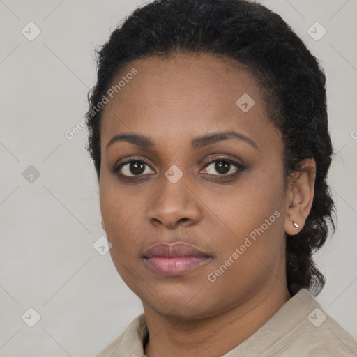 Neutral black young-adult female with short  black hair and brown eyes