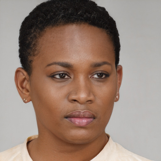 Neutral black young-adult female with short  black hair and brown eyes
