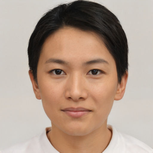 Neutral asian young-adult female with short  black hair and brown eyes