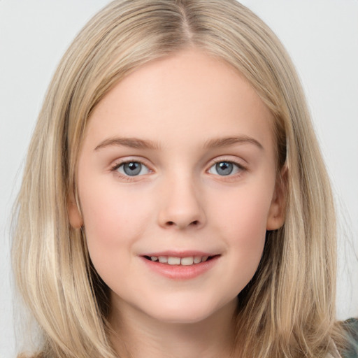 Joyful white child female with long  brown hair and grey eyes