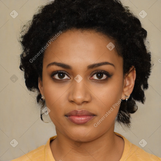 Neutral black young-adult female with short  black hair and brown eyes