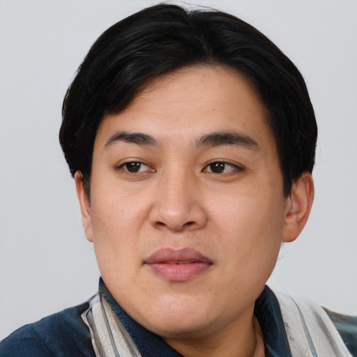 Joyful asian young-adult male with short  black hair and brown eyes