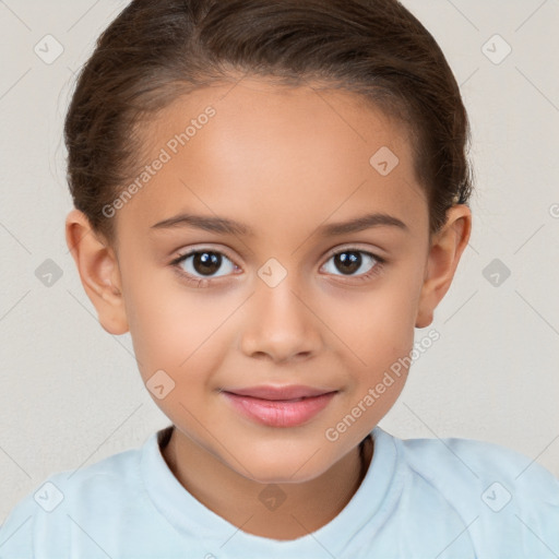 Joyful white child female with short  brown hair and brown eyes