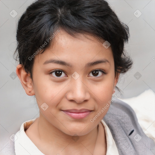 Joyful white child female with medium  brown hair and brown eyes