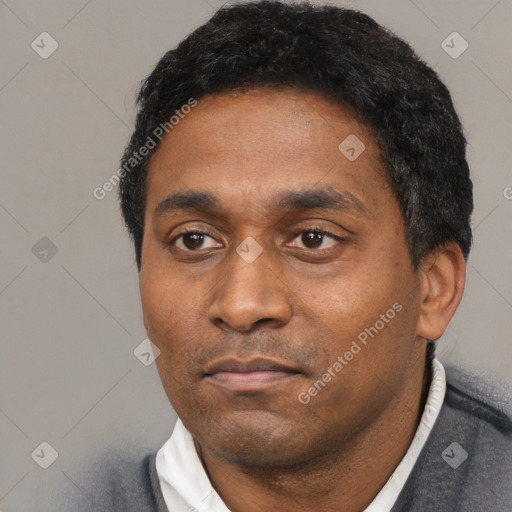 Neutral latino adult male with short  black hair and brown eyes