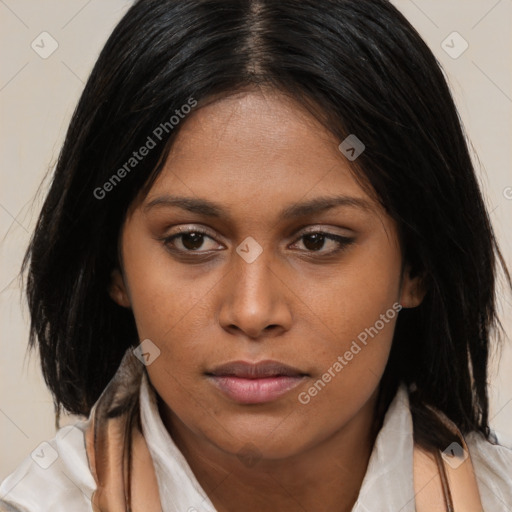 Neutral asian young-adult female with medium  brown hair and brown eyes