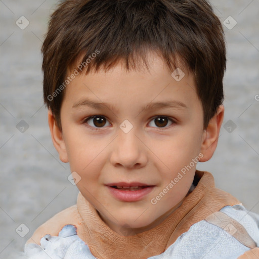 Joyful white child male with short  brown hair and brown eyes