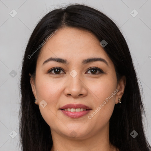 Joyful white young-adult female with long  brown hair and brown eyes