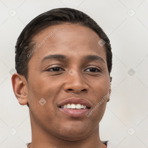 Joyful white young-adult male with short  brown hair and brown eyes