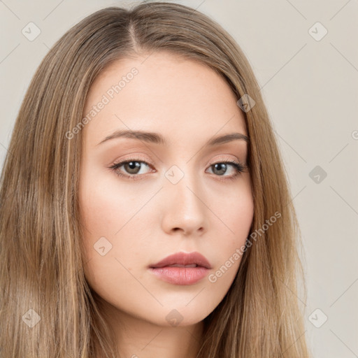 Neutral white young-adult female with long  brown hair and brown eyes