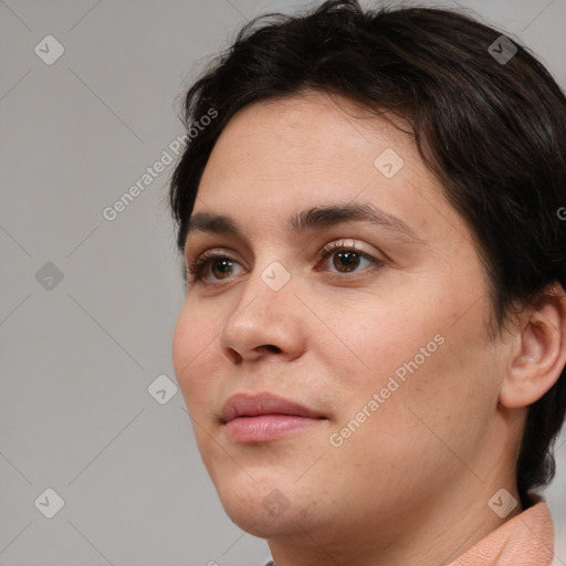 Neutral white young-adult female with short  brown hair and brown eyes