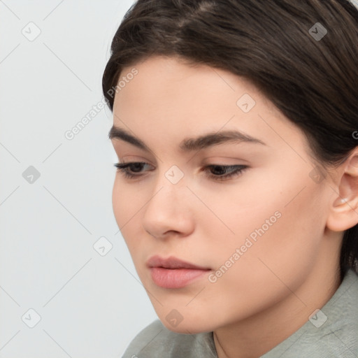 Neutral white young-adult female with short  brown hair and brown eyes