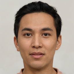 Neutral asian young-adult male with short  black hair and brown eyes