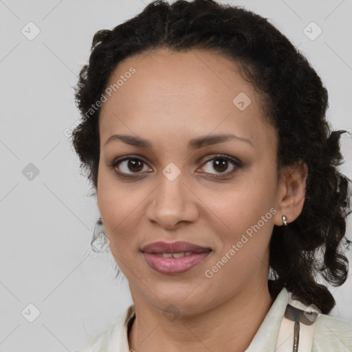 Joyful latino young-adult female with medium  brown hair and brown eyes