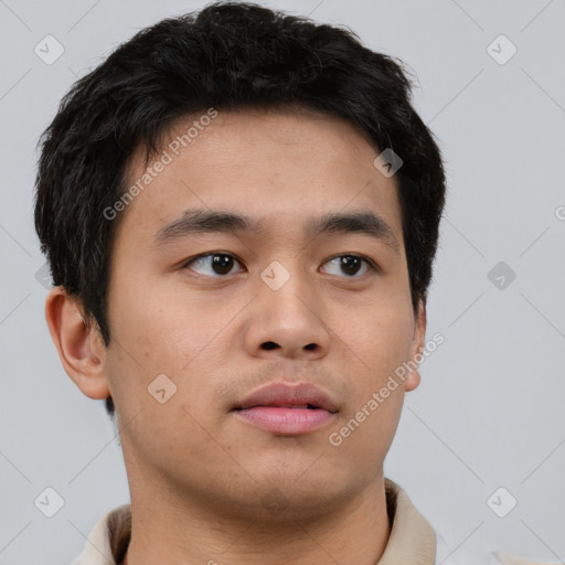 Neutral asian young-adult male with short  brown hair and brown eyes