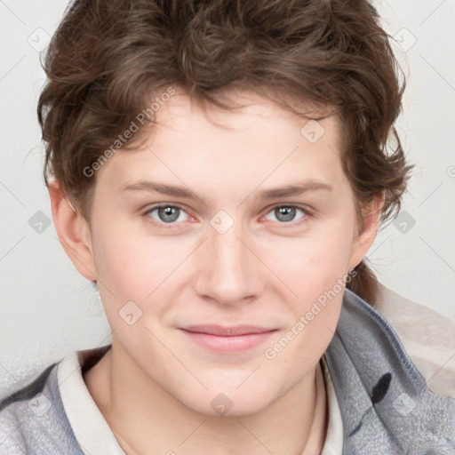 Joyful white young-adult female with short  brown hair and blue eyes