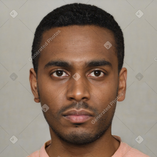 Neutral latino young-adult male with short  black hair and brown eyes