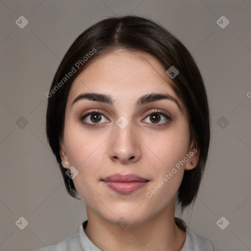 Neutral white young-adult female with medium  brown hair and brown eyes