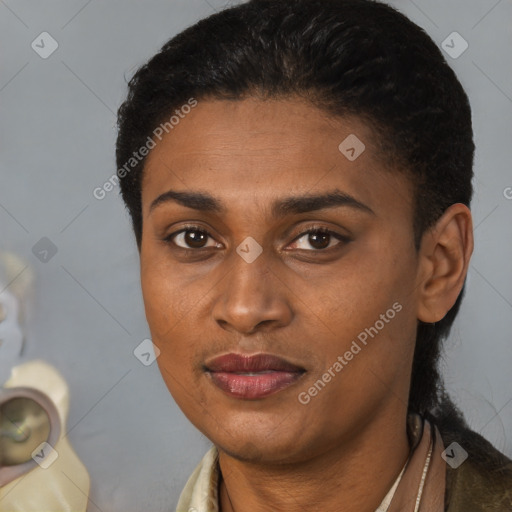 Joyful black young-adult female with short  brown hair and brown eyes