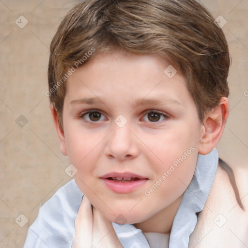 Joyful white child female with short  brown hair and brown eyes