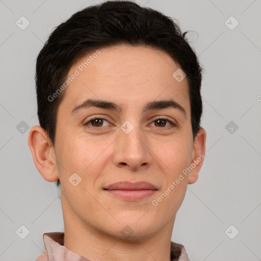 Joyful white young-adult female with short  brown hair and brown eyes