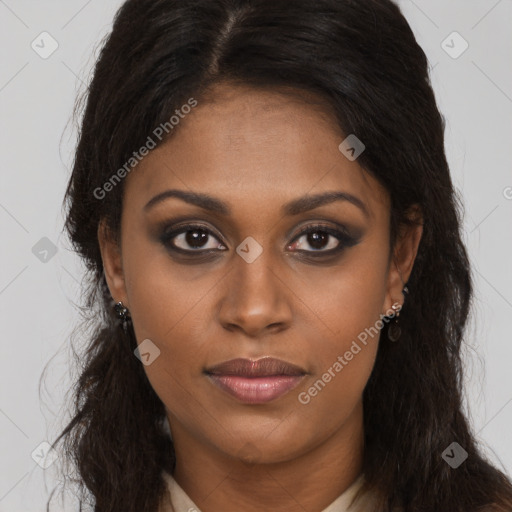 Joyful black young-adult female with long  brown hair and brown eyes