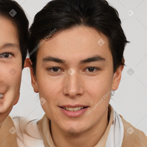 Joyful white young-adult male with medium  brown hair and brown eyes