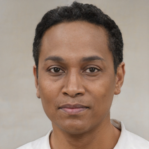 Joyful latino adult male with short  black hair and brown eyes
