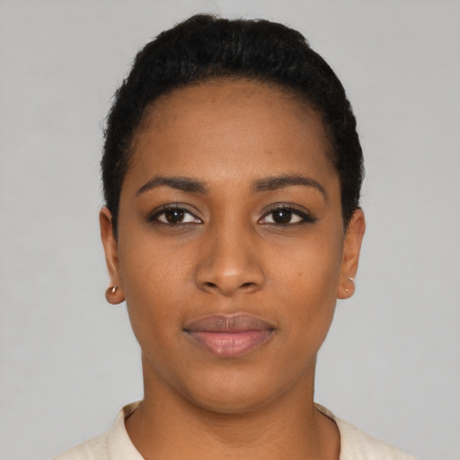 Neutral black young-adult female with short  black hair and brown eyes