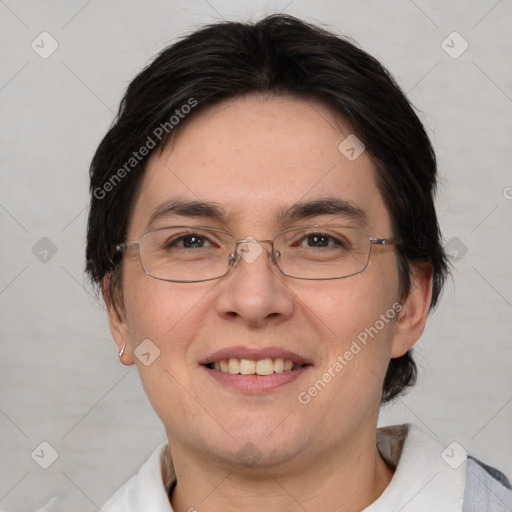 Joyful white adult female with short  brown hair and brown eyes