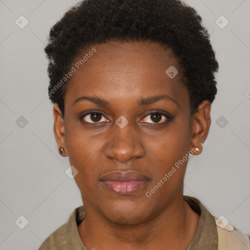 Neutral black young-adult female with short  black hair and brown eyes