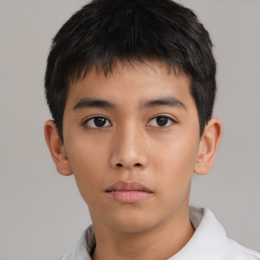 Neutral asian child male with short  brown hair and brown eyes