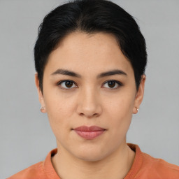 Joyful asian young-adult female with short  brown hair and brown eyes