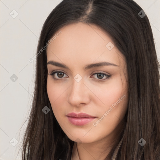 Neutral white young-adult female with long  brown hair and brown eyes