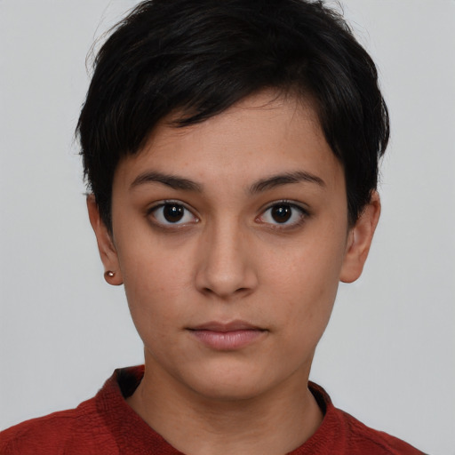 Neutral white young-adult female with short  black hair and brown eyes