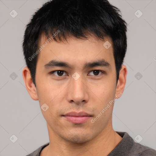 Neutral asian young-adult male with short  black hair and brown eyes