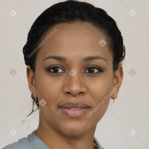 Joyful black young-adult female with short  black hair and brown eyes