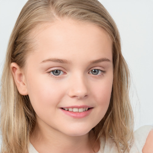 Joyful white child female with medium  brown hair and blue eyes