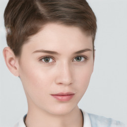 Neutral white young-adult female with short  brown hair and brown eyes