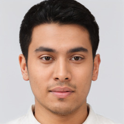 Neutral asian young-adult male with short  black hair and brown eyes